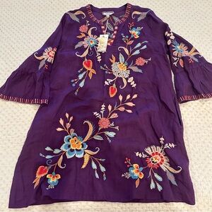 Johnny Was Purple Floral Embroidered Tunic Dress